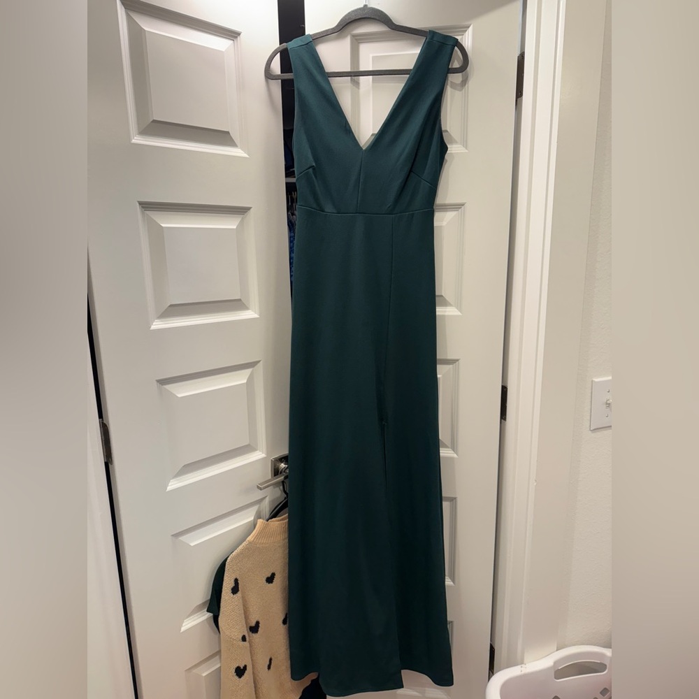 Emerald color crepe dress. 
Worn once as bridesmaid dress; never altered size S